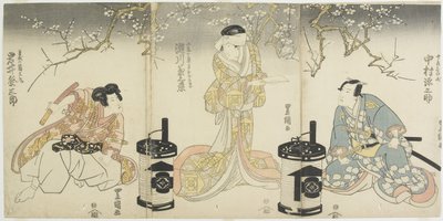 Nakamura Gennosuke als Suketsune, Segawa Kikunojo als die Frau von Suketsune, Iwai Hanshiro als Hakuomaru (Szene aus dem Kabuki-Stück basierend auf der Geschichte der Soga-Brüder), späte 18. bis frühe 19. Jahrhundert von Utagawa Toyokuni